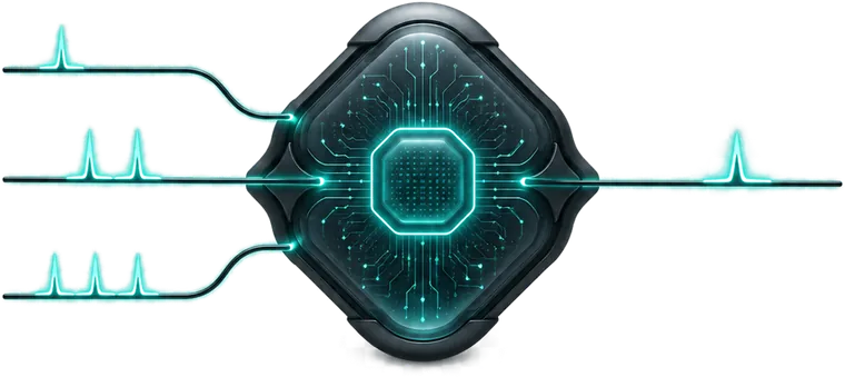 Neuromorphic chip: sparse input spikes converge on a processing core